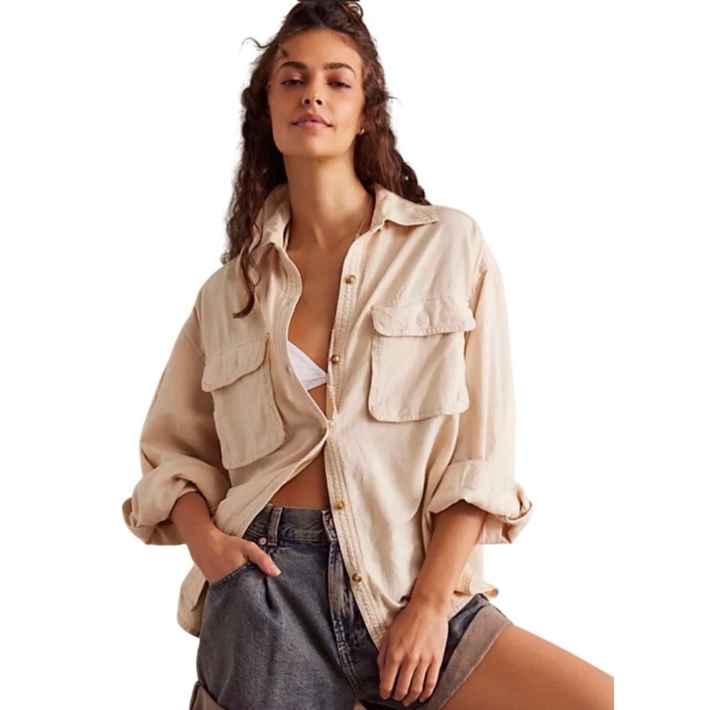 We The Free Free People Made For Sun Large Cream Linen Cotton Oversized Shirt